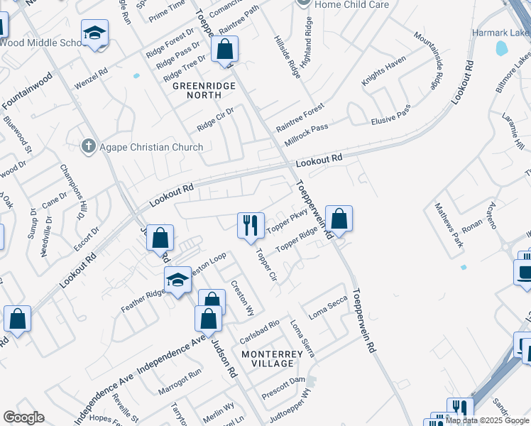 map of restaurants, bars, coffee shops, grocery stores, and more near 6519 Marcel Way in San Antonio