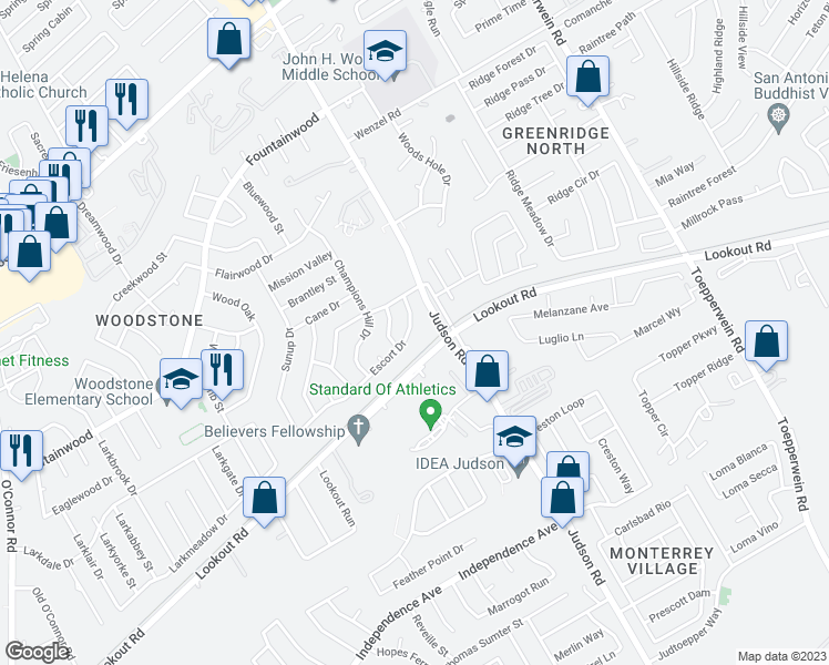 map of restaurants, bars, coffee shops, grocery stores, and more near 13542 Escort Drive in San Antonio