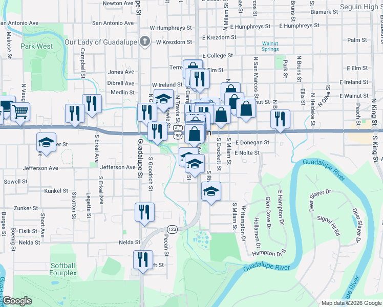 map of restaurants, bars, coffee shops, grocery stores, and more near 105 West Donegan Street in Seguin