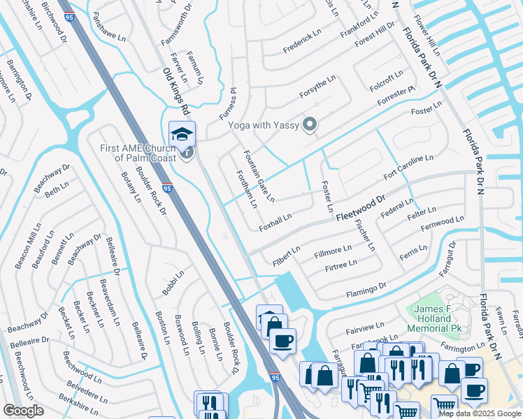 map of restaurants, bars, coffee shops, grocery stores, and more near 61 Fountain Gate Lane in Palm Coast