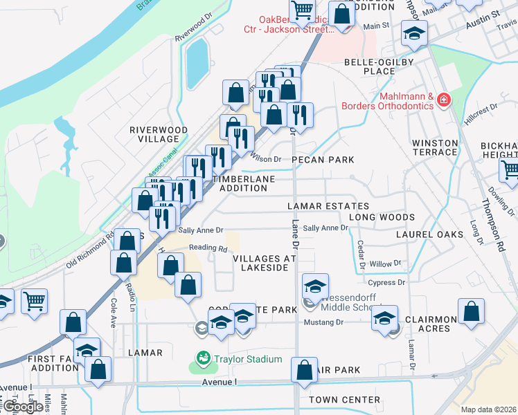 map of restaurants, bars, coffee shops, grocery stores, and more near 1025 Lindsey Drive in Rosenberg