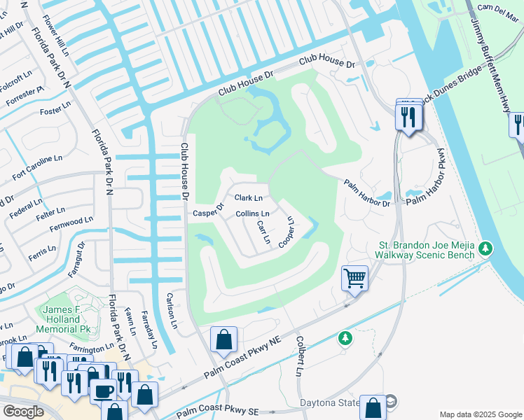 map of restaurants, bars, coffee shops, grocery stores, and more near 19 Collins Lane in Palm Coast