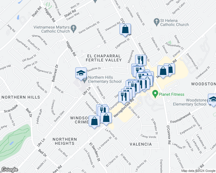 map of restaurants, bars, coffee shops, grocery stores, and more near 4927 Nuthatch Street in San Antonio