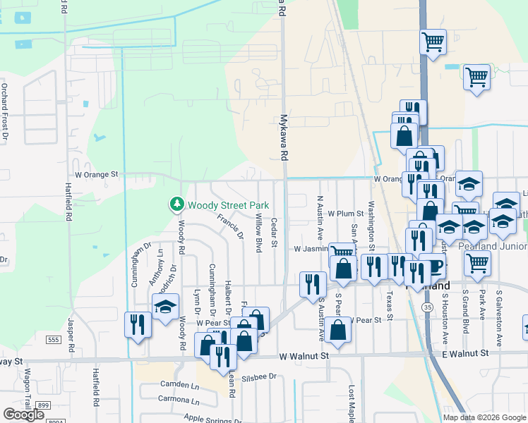 map of restaurants, bars, coffee shops, grocery stores, and more near 4801 Elm Street in Pearland
