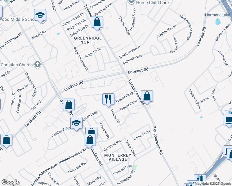 map of restaurants, bars, coffee shops, grocery stores, and more near 6519 Marcel Way in San Antonio