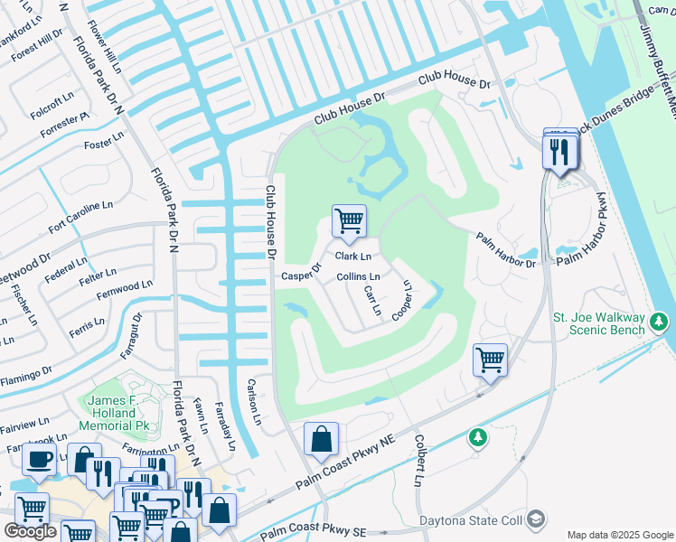 map of restaurants, bars, coffee shops, grocery stores, and more near 7 Collins Lane in Palm Coast
