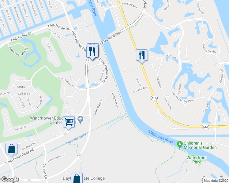 map of restaurants, bars, coffee shops, grocery stores, and more near 700 Canopy Walk Lane in Palm Coast