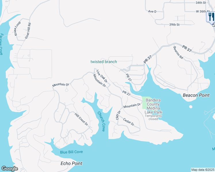 map of restaurants, bars, coffee shops, grocery stores, and more near 556 Mountain Drive in Lakehills