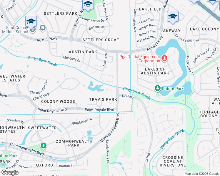 map of restaurants, bars, coffee shops, grocery stores, and more near 3630 Acacia Drive in Sugar Land
