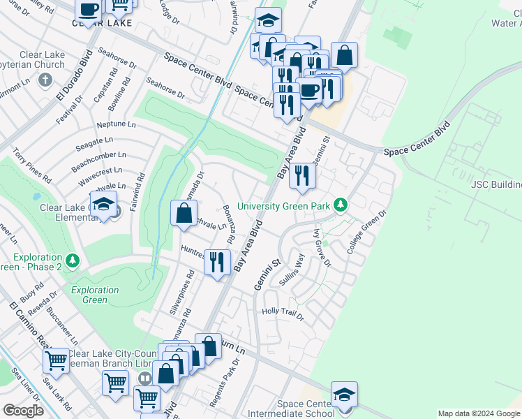 map of restaurants, bars, coffee shops, grocery stores, and more near 2005 Bay Area Boulevard in Houston