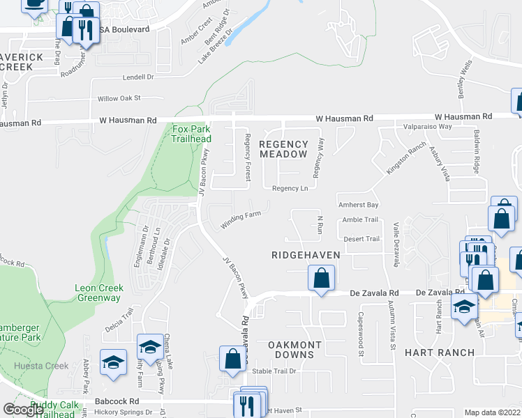 map of restaurants, bars, coffee shops, grocery stores, and more near 13022 Waddle Farm in San Antonio