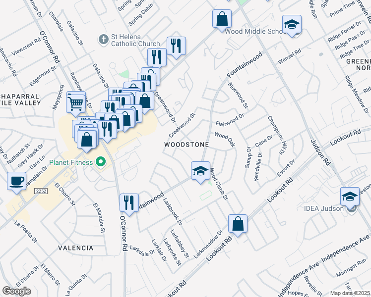map of restaurants, bars, coffee shops, grocery stores, and more near 13826 Durwood Street in San Antonio