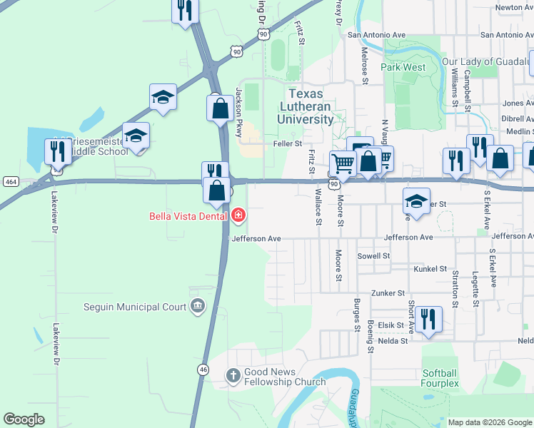 map of restaurants, bars, coffee shops, grocery stores, and more near 1231 West Court Street in Seguin