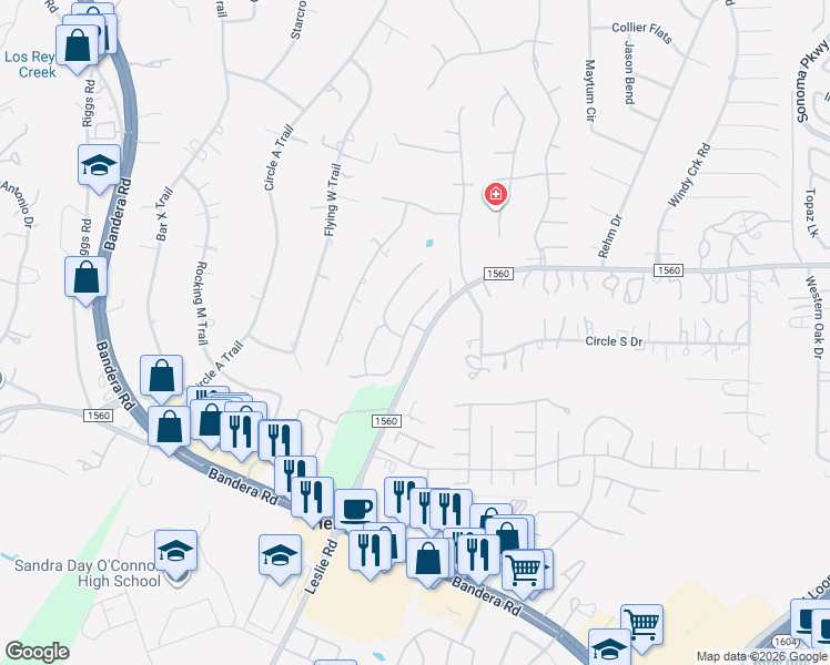 map of restaurants, bars, coffee shops, grocery stores, and more near 13501 Windmill Trace in Helotes