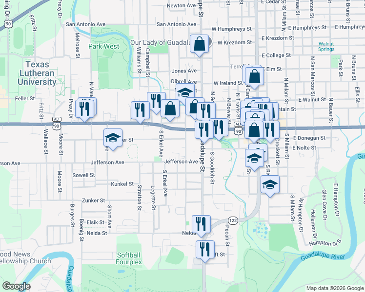 map of restaurants, bars, coffee shops, grocery stores, and more near 603 Baker Street in Seguin