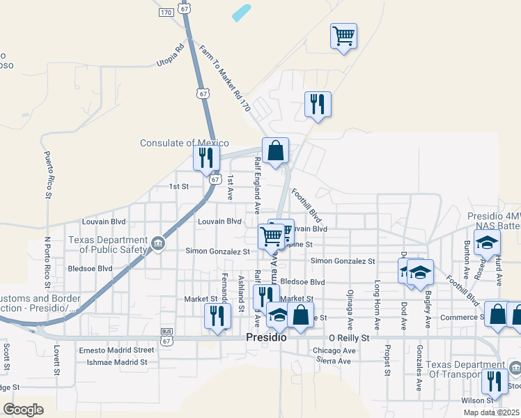 map of restaurants, bars, coffee shops, grocery stores, and more near Rosedale Avenue in Presidio