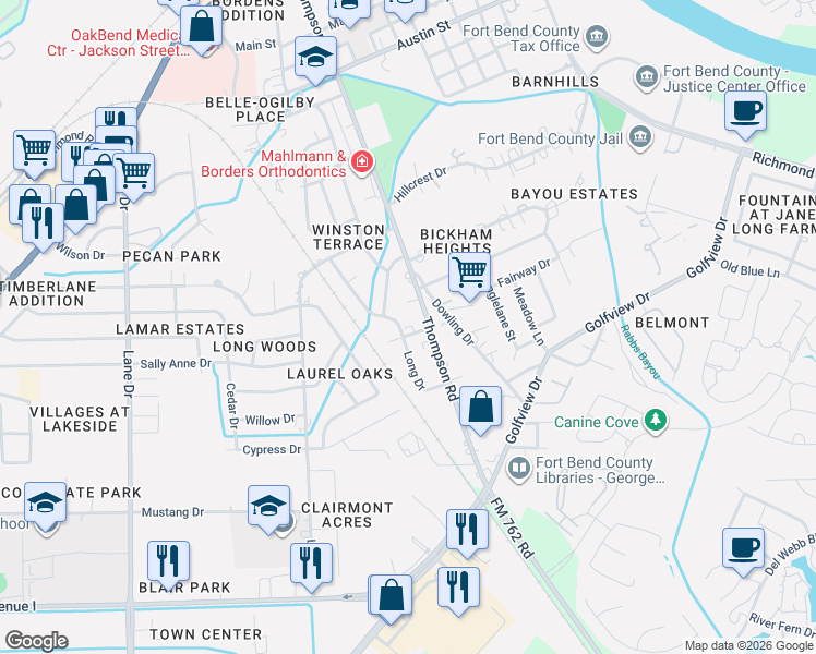 map of restaurants, bars, coffee shops, grocery stores, and more near 1827 Long Drive in Richmond