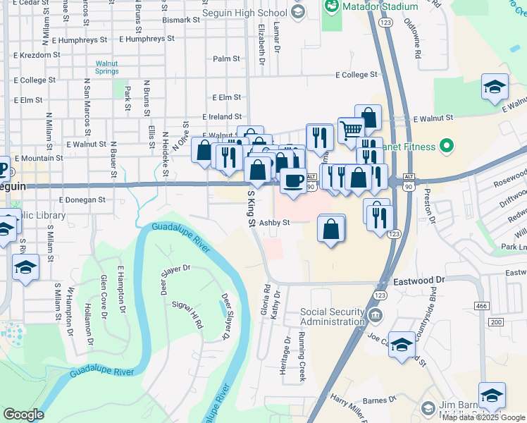 map of restaurants, bars, coffee shops, grocery stores, and more near 128 South Moss Street in Seguin