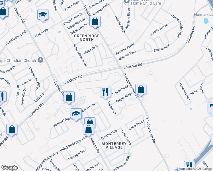 map of restaurants, bars, coffee shops, grocery stores, and more near 6519 Marcel Way in San Antonio