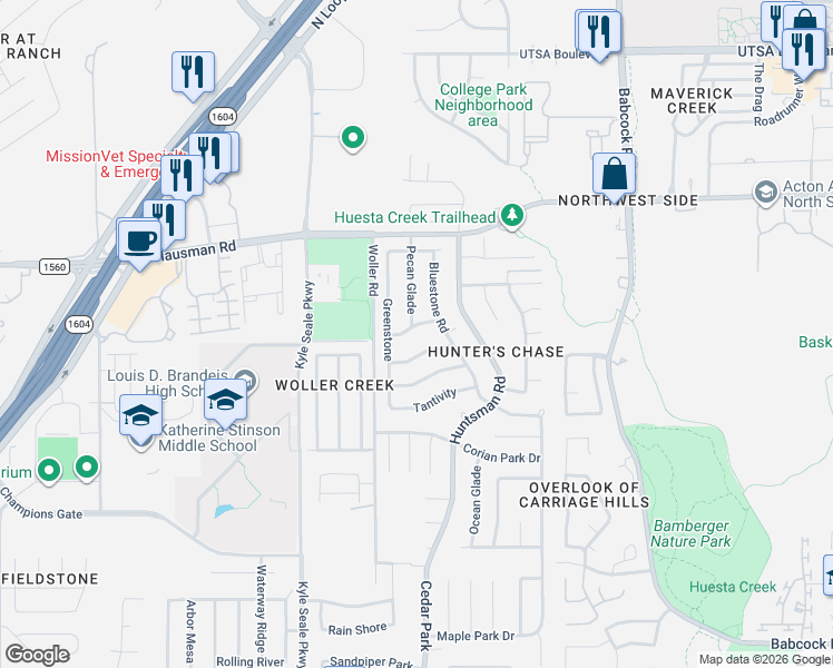 map of restaurants, bars, coffee shops, grocery stores, and more near 13307 Pecan Glade in San Antonio