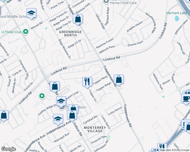 map of restaurants, bars, coffee shops, grocery stores, and more near 6519 Marcel Way in San Antonio