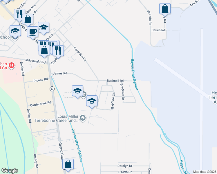 map of restaurants, bars, coffee shops, grocery stores, and more near 432-498 Baptiste Circle in Houma
