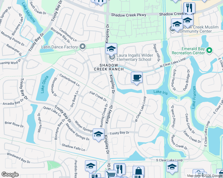 map of restaurants, bars, coffee shops, grocery stores, and more near 2403 Kingsley Drive in Pearland