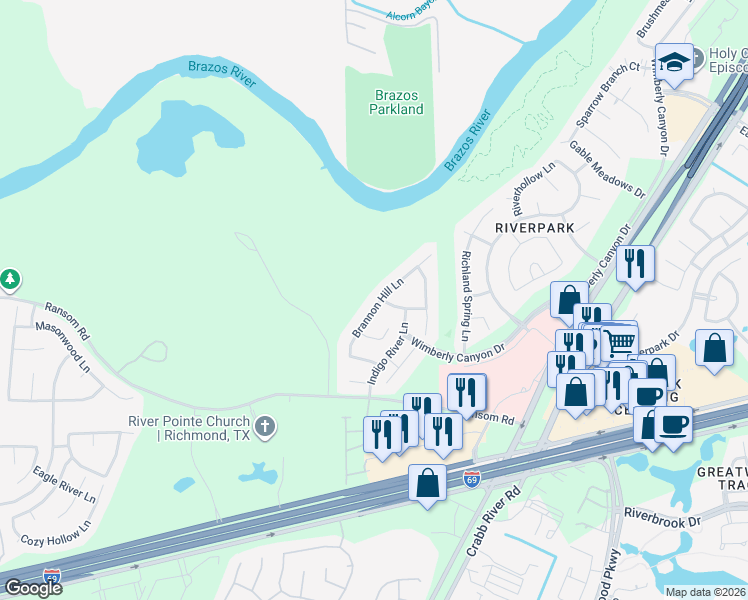 map of restaurants, bars, coffee shops, grocery stores, and more near 3106 Brannon Hill Lane in Sugar Land