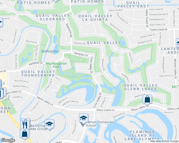 map of restaurants, bars, coffee shops, grocery stores, and more near 3518 Crow Valley Drive in Missouri City
