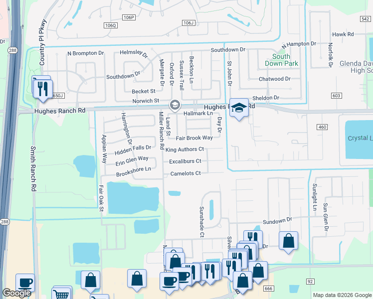 map of restaurants, bars, coffee shops, grocery stores, and more near 9805 King Authors Ct in Pearland