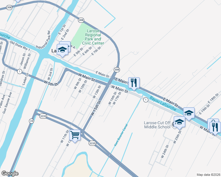 map of restaurants, bars, coffee shops, grocery stores, and more near 441-453 West Main Street in Larose
