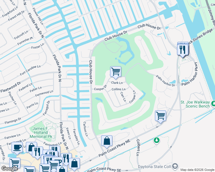 map of restaurants, bars, coffee shops, grocery stores, and more near 17 Casper Drive in Palm Coast