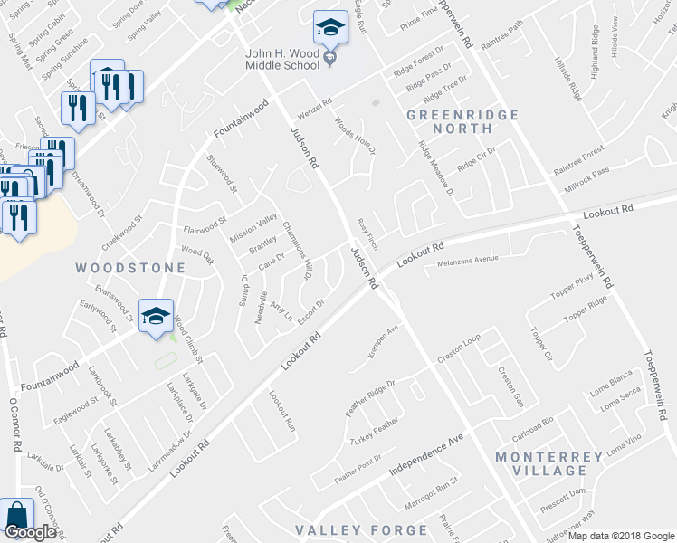 map of restaurants, bars, coffee shops, grocery stores, and more near 13527 Escort Drive in San Antonio
