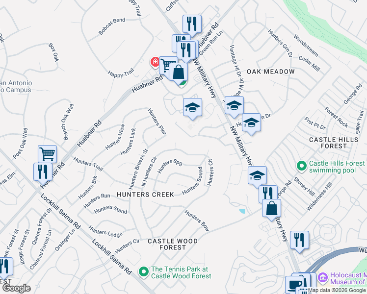 map of restaurants, bars, coffee shops, grocery stores, and more near 13306 Hunters Hollow in San Antonio