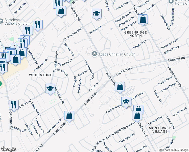 map of restaurants, bars, coffee shops, grocery stores, and more near 5520 Champions Hill Drive in San Antonio