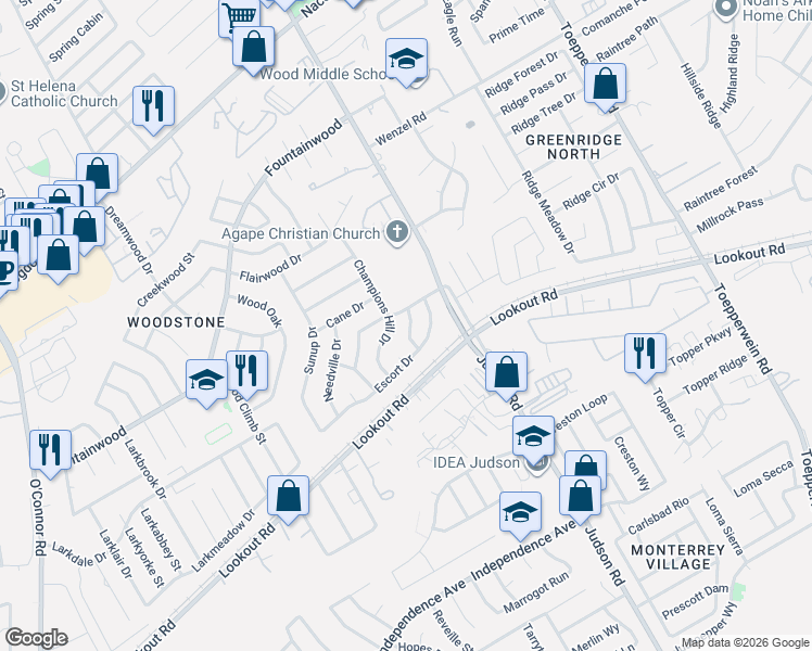 map of restaurants, bars, coffee shops, grocery stores, and more near 5520 Champions Hill Drive in San Antonio