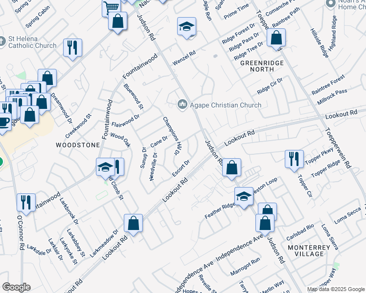 map of restaurants, bars, coffee shops, grocery stores, and more near 5520 Champions Hill Drive in San Antonio