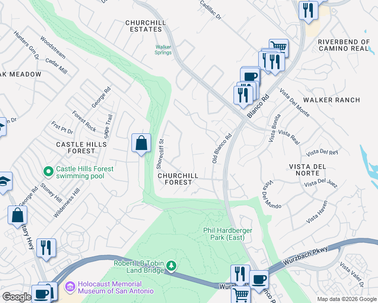map of restaurants, bars, coffee shops, grocery stores, and more near 13411 Stairock Street in San Antonio