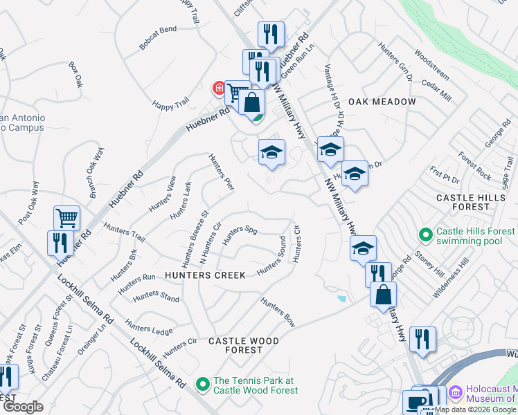 map of restaurants, bars, coffee shops, grocery stores, and more near 13306 Hunters Hollow in San Antonio