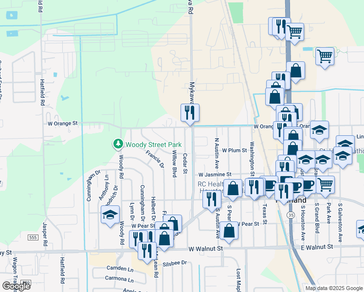 map of restaurants, bars, coffee shops, grocery stores, and more near 2114 Cedar Street in Pearland
