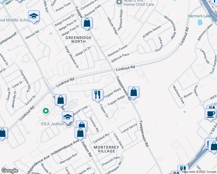 map of restaurants, bars, coffee shops, grocery stores, and more near 6635 Topper Parkway in San Antonio