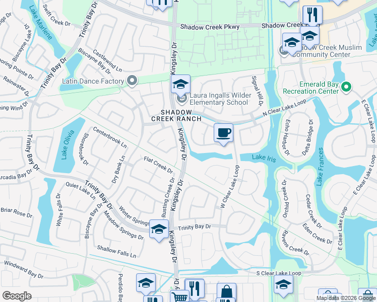 map of restaurants, bars, coffee shops, grocery stores, and more near 2403 Kingsley Drive in Pearland