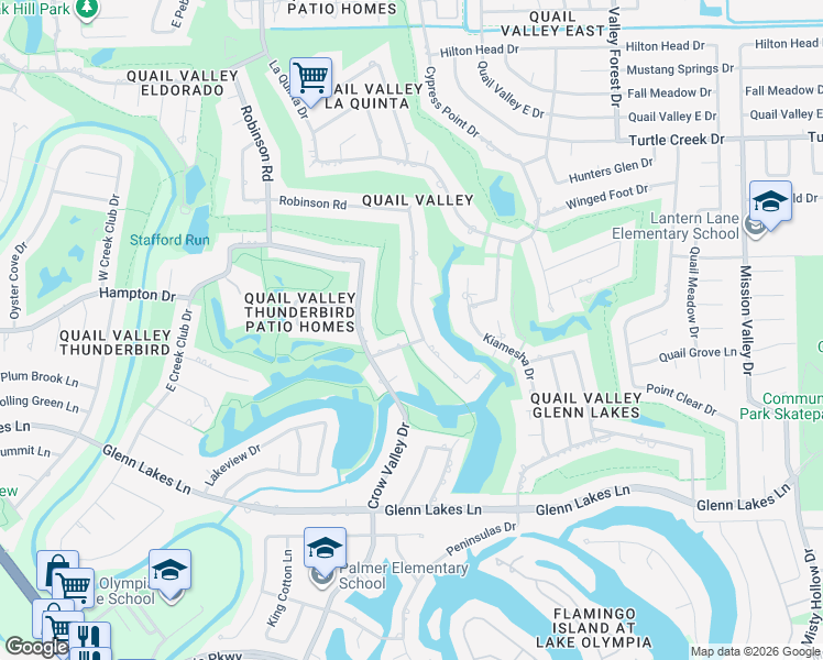 map of restaurants, bars, coffee shops, grocery stores, and more near 3506 Robinson Road in Missouri City