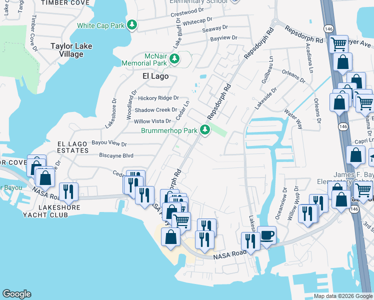 map of restaurants, bars, coffee shops, grocery stores, and more near 2493 Repsdorph Road in Seabrook