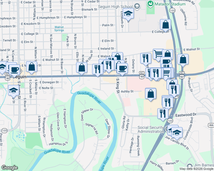 map of restaurants, bars, coffee shops, grocery stores, and more near 1029 Tabernacle Street in Seguin