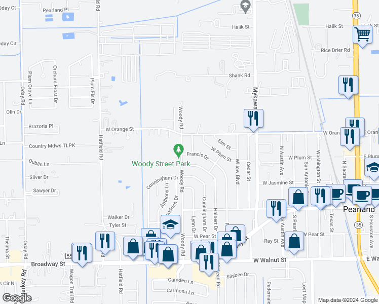 map of restaurants, bars, coffee shops, grocery stores, and more near 2112 Rose Road in Pearland