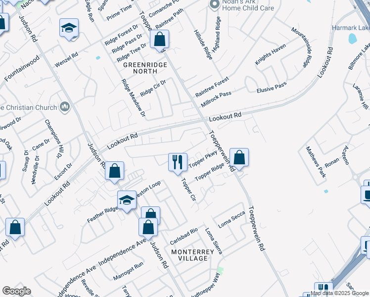 map of restaurants, bars, coffee shops, grocery stores, and more near 6519 Marcel Way in San Antonio
