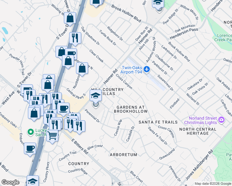 map of restaurants, bars, coffee shops, grocery stores, and more near 1403 Brook Run in San Antonio