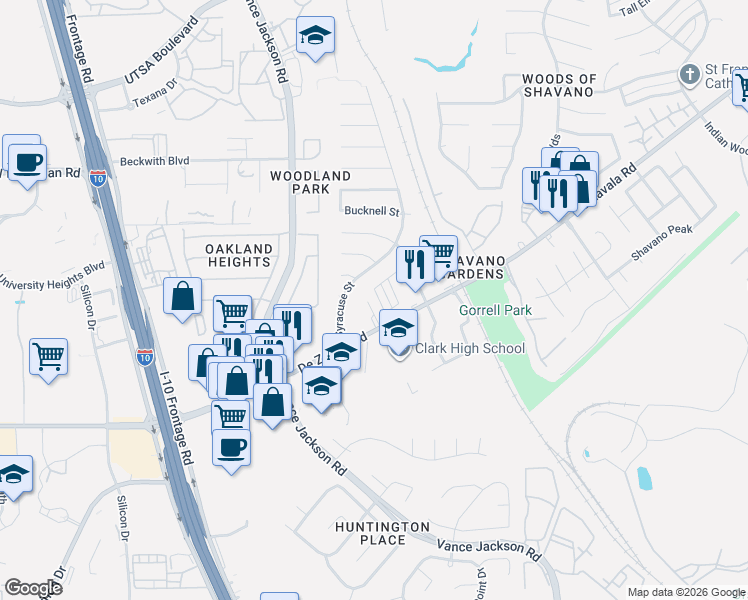 map of restaurants, bars, coffee shops, grocery stores, and more near 13315 Blinn in San Antonio