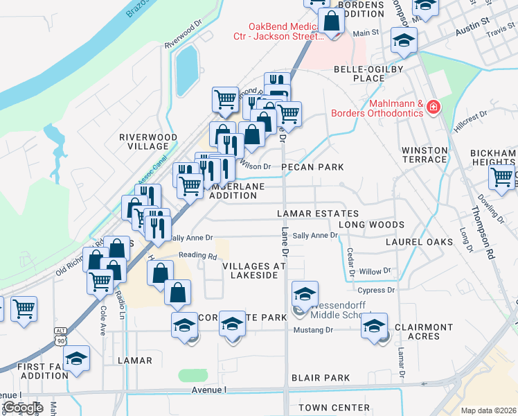 map of restaurants, bars, coffee shops, grocery stores, and more near 1026 Frances Drive in Rosenberg